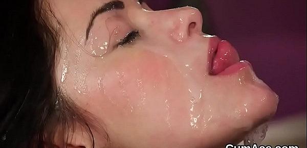  Frisky babe gets cum shot on her face sucking all the semen